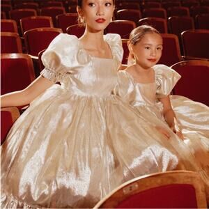 Ivy City Co Champagne Gold Coco Puff Sleeve Babydoll Midi Dress XXS